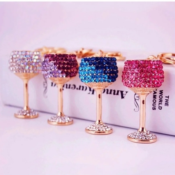 NEW Adorable Sparkly Wine Glass Bag Charm / Key Ring  w/ white stones - Gift! - Picture 3 of 3